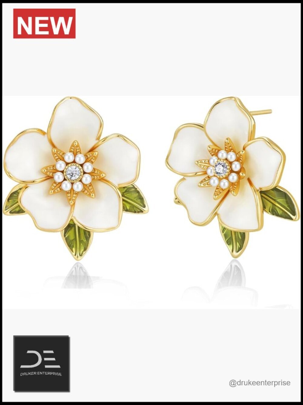 18K Gold Plated White Enamel CZ Floral Leaf Drop Earrings
